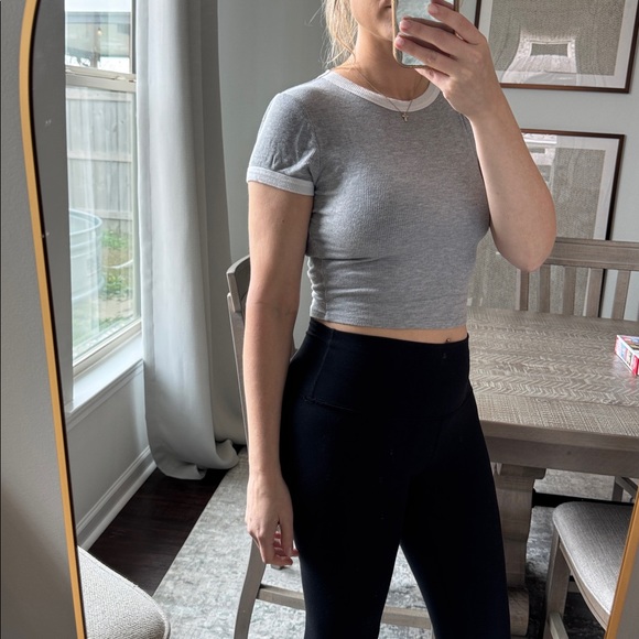 Casual Crop White Trim Sleeve Gray Ribbed Women's Top - Picture 6 of 10